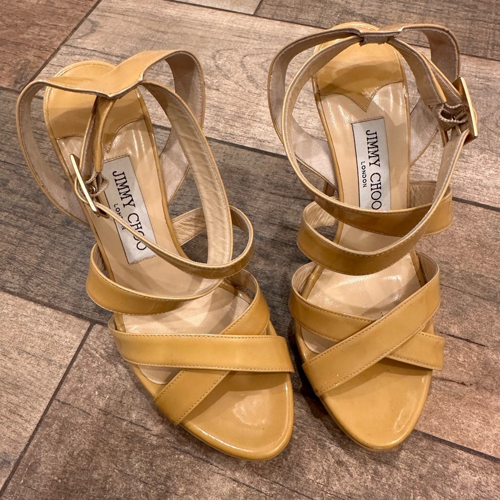 Jimmy Choo Tan Nude Strappy High Heel Sandals Platform High Stiletto Designer - Picture 3 of 11